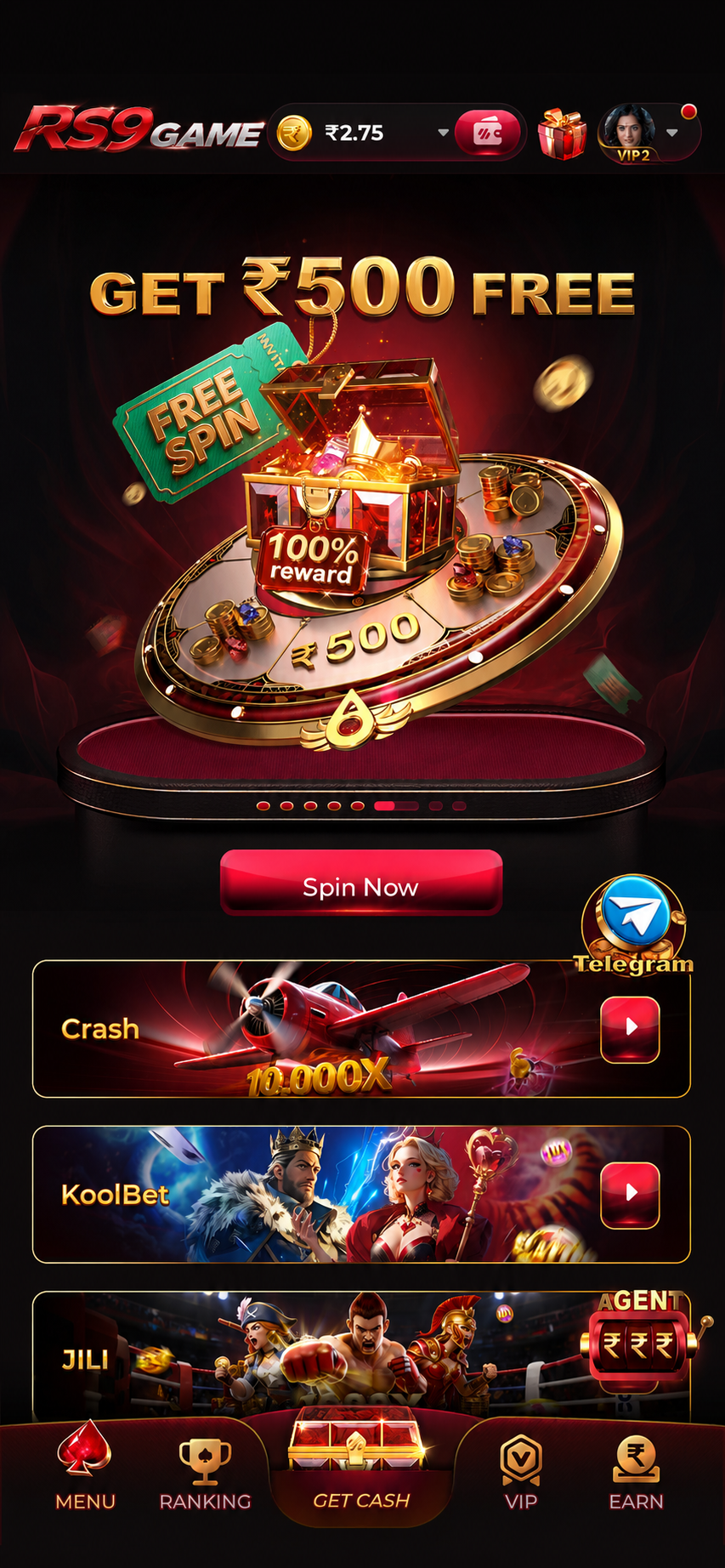 RS9 Game app on Android showing ₹500 free spin welcome screen